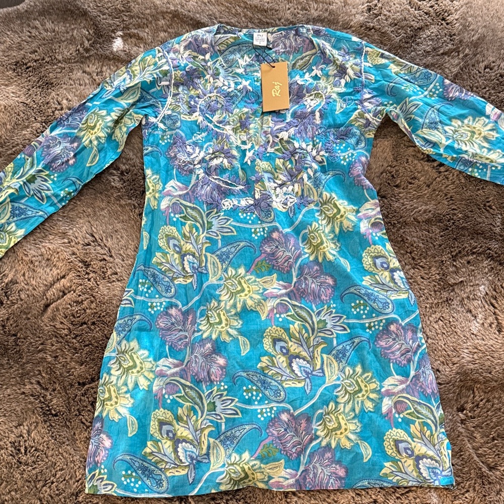 Raj Blue and Green Floral Embroidered Top